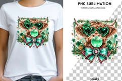 St Patrick’s Day Highland Cow PNG | Shamrock Cow With Bow Product Image 1