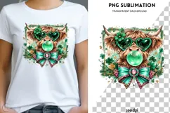 St Patrick’s Day Highland Cow PNG | Shamrock Cow With Bow Product Image 1