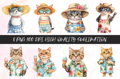 Watercolor cat summer clipart sublimation png Product Image 1