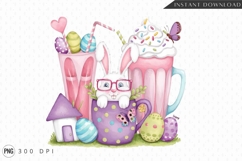 Whimsical Easter Bunny Watercolor Mugs And Eggs PNG Product Image 1