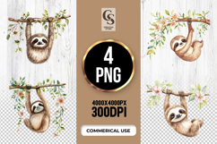 Cute Hanging Sloth Watercolor Clipart Sublimation PNG Product Image 1