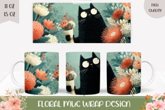 Cartoon Cat Mug Wrap, Floral Mug, Black Cat With Flowers Product Image 1