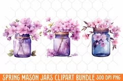 Flower Mason Jar Clipart, Watercolor Mason Jar Sublimation Product Image 1
