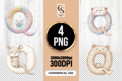 Cute Animal Letter Q Watercolor Alphabet Clipart PNG Product Image 1