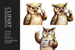 Grumpy coffee owl watercolor clipart sublimation Product Image 1