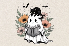 Halloween Ghost and Cat Png, Preppy Floral Halloween Png. Product Image 1