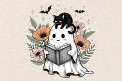 Halloween Ghost and Cat Png, Preppy Floral Halloween Png. Product Image 1