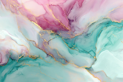 A vibrant abstract painting with swirling pink, teal,&amp; gold Product Image 1