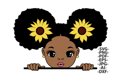 Black Girl SVG Peeking Afro Puffs with Sunflowers Cute Kids Product Image 1