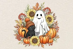 Retro Halloween Ghost And Cat Png, Floral Halloween Png. Product Image 1