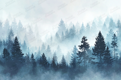 Misty Pine Forest Landscape - Watercolor Winter Background Product Image 1
