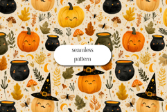 Cute Halloween Pumpkin Seamless Pattern with Witch Hats Product Image 1