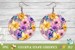 Pink Round Earrings, Colorful Flowers Earrings PNG Product Image 1
