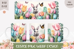 Easter Bunny Mug Sublimation, Watercolor Tulips Mug Design Product Image 1