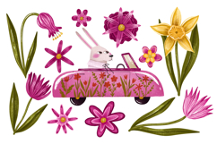 Whimsical Spring Bunny Car Clipart Set Floral Pink Retro Car Product Image 1
