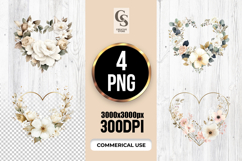 Watercolor White Floral Heart Wreath Clipart Sublimation PNG Product Image 1