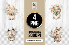 Watercolor Bunny Holding Flower Bouquet Clipart PNG Product Image 1