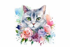 Watercolor Cats with flowers sublimation designs png bundle Product Image 2