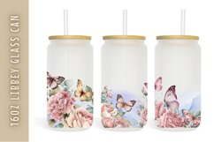 Butterflies Flowers Watercolor 16oz Libby Glass Can Product Image 1
