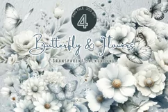 White flowers clipart, Watercolor floral art and Butterfly Product Image 1