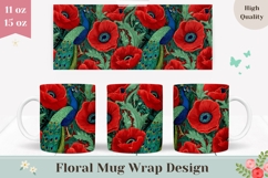 Peacock Bird Mug Wrap, Poppy Mug Design, Floral Mug PNG Product Image 1