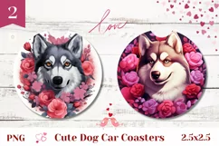 Valentine Husky Car Coaster, Cute Husky Dog Car Coasters Product Image 1
