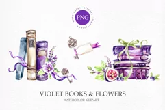VIOLET BOOKS and flowers. Watercolor romantic PNG clipart Product Image 1
