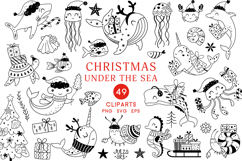 Christmas Sea Animal Clipart Set, Black Xmas Ocean PNG SVG Product Image 1