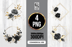 Black Gold Rose Frame Watercolor Clipart Sublimation PNG Product Image 1