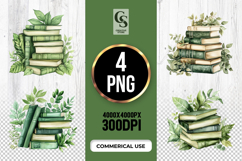 Green Books Stack Botanical Clipart Sublimation PNG Product Image 1