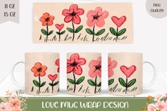 Cartoon Love Hearts Mug Wrap, Floral Mug Template Product Image 1