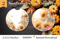 Watercolor Sunflowers Sublimation, Flowers Car Coaster PNG Product Image 1