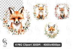 Cute Fox with Floral Wreath Watercolor Clipart Sublimation Product Image 1