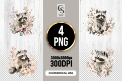 Cute Floral Raccoon Watercolor Clipart Sublimation PNG Product Image 1