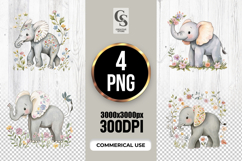 Cute Watercolor Baby Elephant Floral Clipart Sublimation PNG Product Image 1