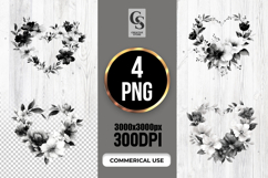 Black White Floral Heart Wreath Clipart Sublimation PNG Product Image 1