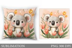 Cute Koala Pillow Design. Koala Flowers Pillow Sublimation Product Image 1