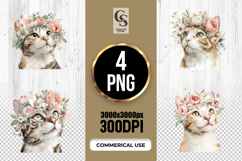 Floral Cat Portrait Watercolor Clipart Sublimation PNG Product Image 1