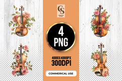 Vintage Violin Floral Clipart Sublimation PNG Product Image 1