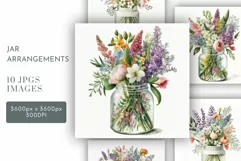 Flowers in Mason Jars | Watercolour Clipart JPG Product Image 1