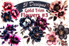 Dark Gothic Flowers PNG with Gold Trim, Vintage Floral Product Image 1