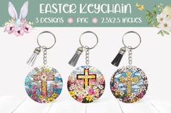 Stained Glass Cross Keychain Design, Floral Easter Cross PNG Product Image 1