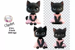 Black Cat, Pink, Ephemera, PNG, watercolor, Clipart Product Image 1