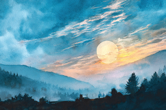 Watercolor Mountain Sunset Landscape - Misty Horizon Art Product Image 1
