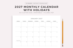 2027 Monthly Calendar with Holidays, Landscape, Printable Product Image 1