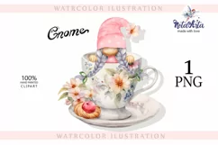 Watercolor gnome in a mug of tea with cookies, Gnome PNG Product Image 1