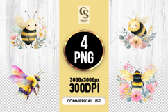 Cute Watercolor Bee With Flowers Clipart Sublimation PNG Set Product Image 1