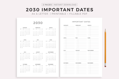 2030 Calendar and Important Dates Page, Printable Product Image 1