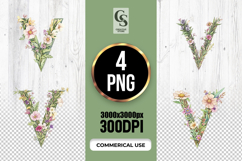 Floral Letter V Watercolor Alphabet Clipart Sublimation PNG Product Image 1