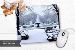 Serene Winter Lake with Snow Covered Banks Mouse Pad PNG Product Image 1